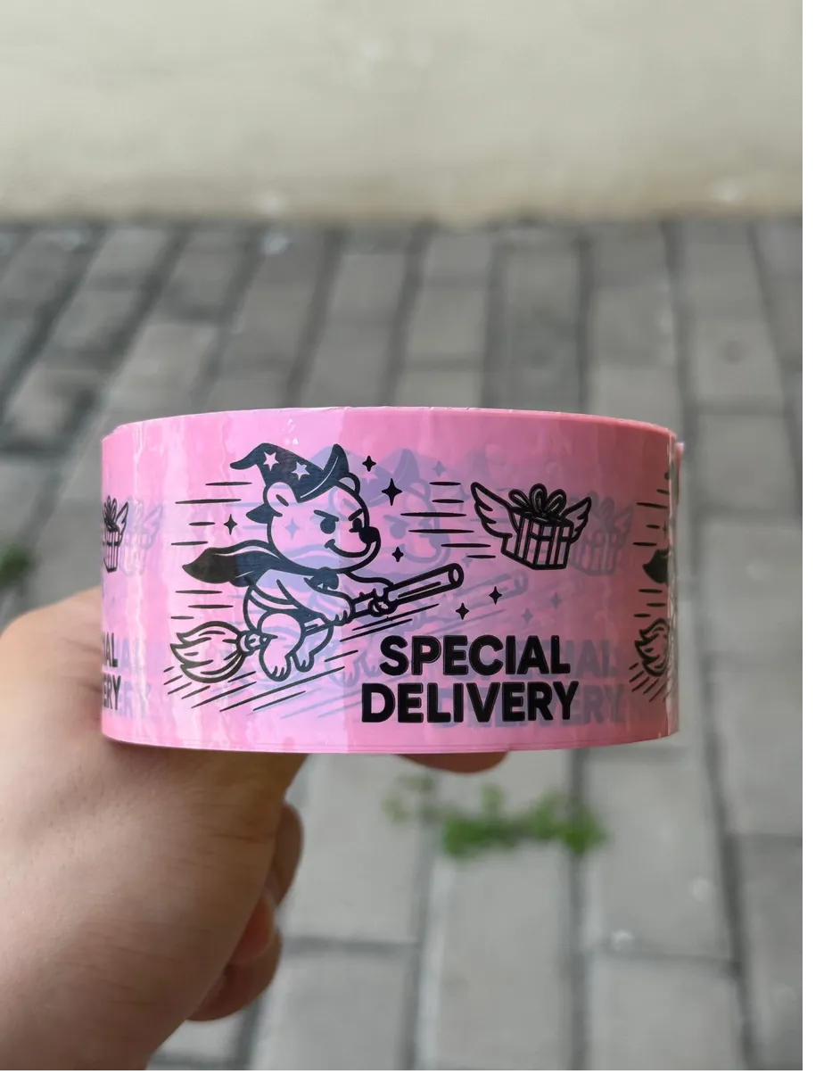 Lakban custom cetak logo desain Special Delivery warna pink