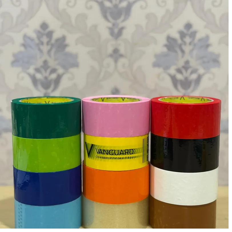 Pilihan warna lakban custom: bening, putih, merah, hitam, biru