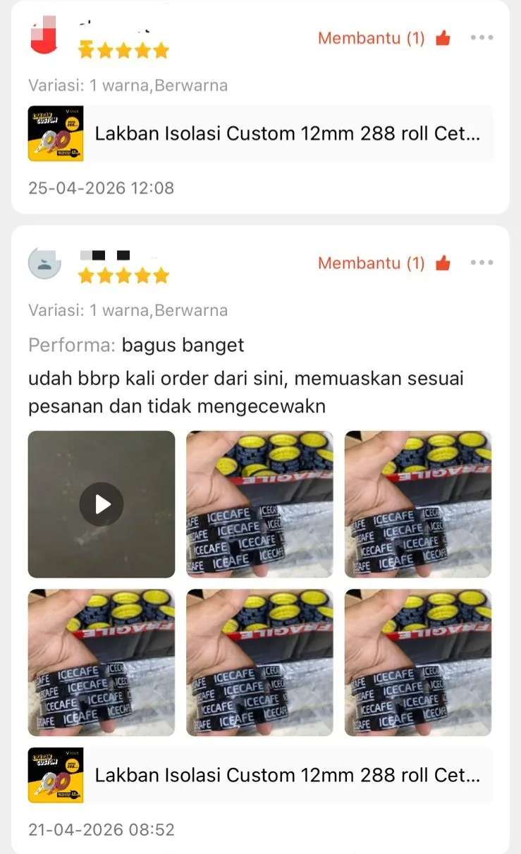 Ulasan Shopee bintang 5 lakban custom — desain sesuai permintaan, CS sangat membantu, produksi cepat, MOQ paling kecil dibanding toko lain.