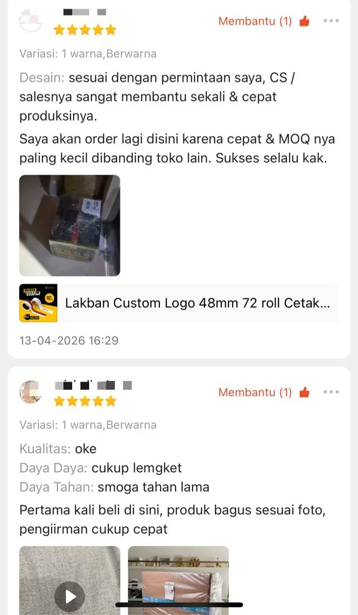 Ulasan Shopee bintang 5 lakban custom — kualitas dan warna bagus, admin bantu desain gratis dan balas chat cepat.