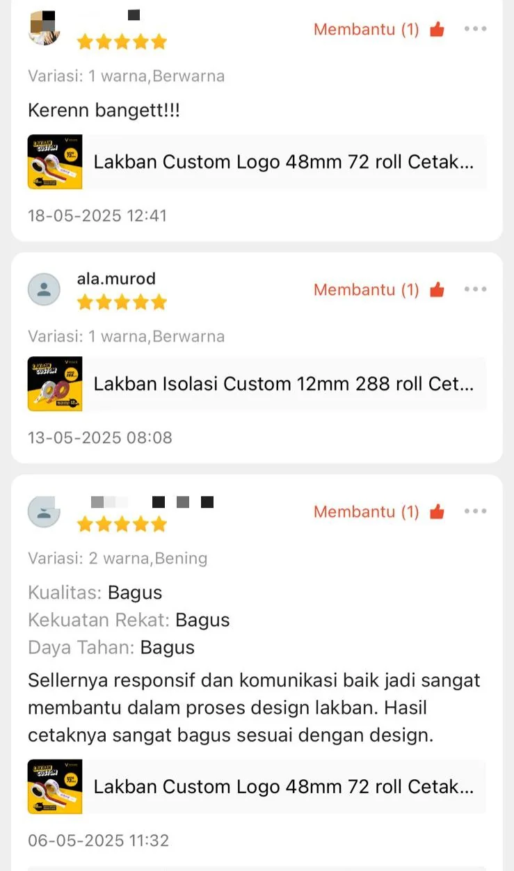 Ulasan Shopee bintang 5 lakban custom — seller responsif, hasil cetak sangat bagus sesuai desain, daya rekat kuat.