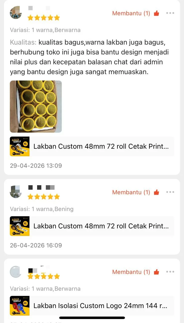 Ulasan Shopee bintang 5 lakban custom — pelanggan repeat order, performa bagus, hasil memuaskan sesuai pesanan.